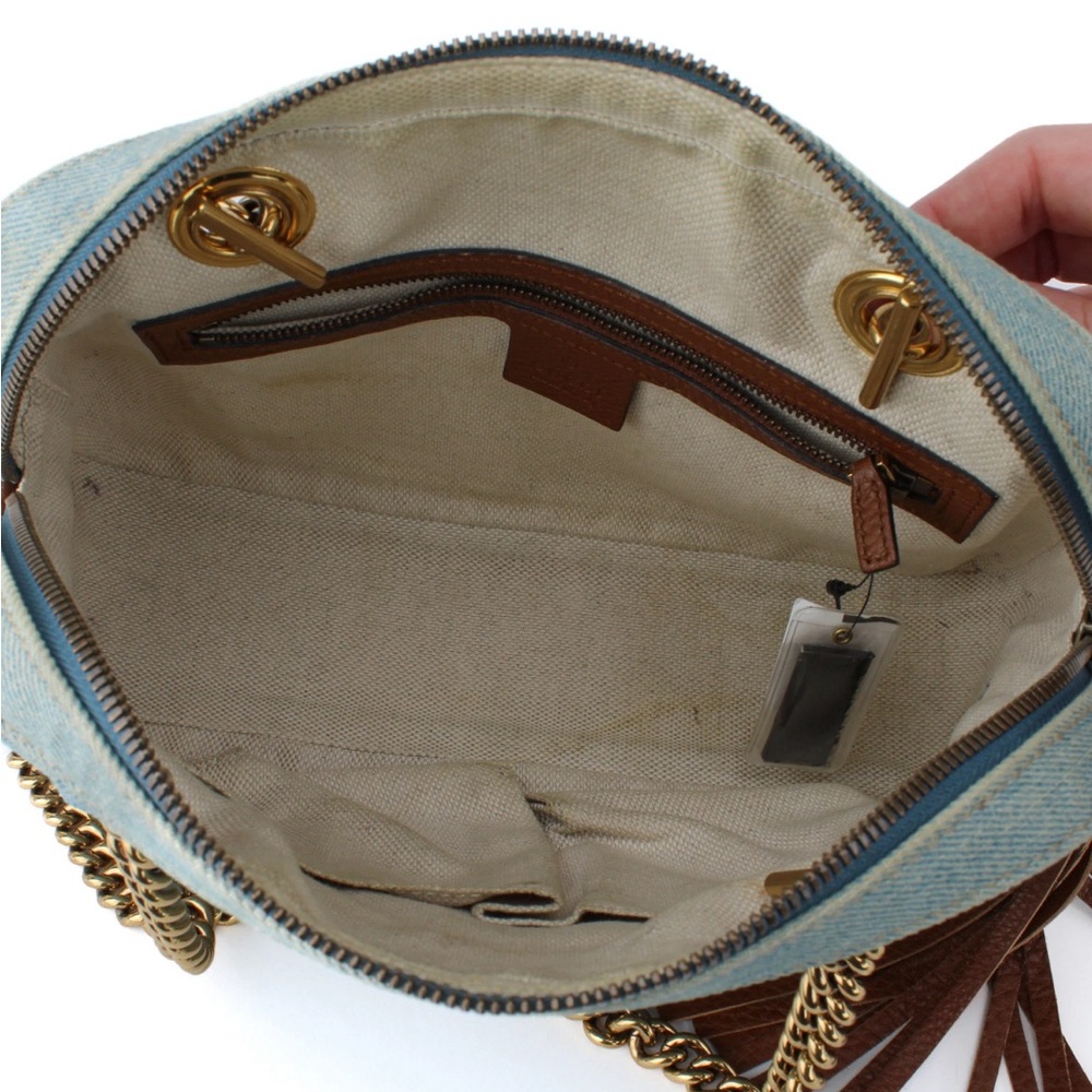 Authentic Gucci Blue Denim and Brown Tassel Soho Shoulder Bag with Gold Chain - Picture 6 of 9